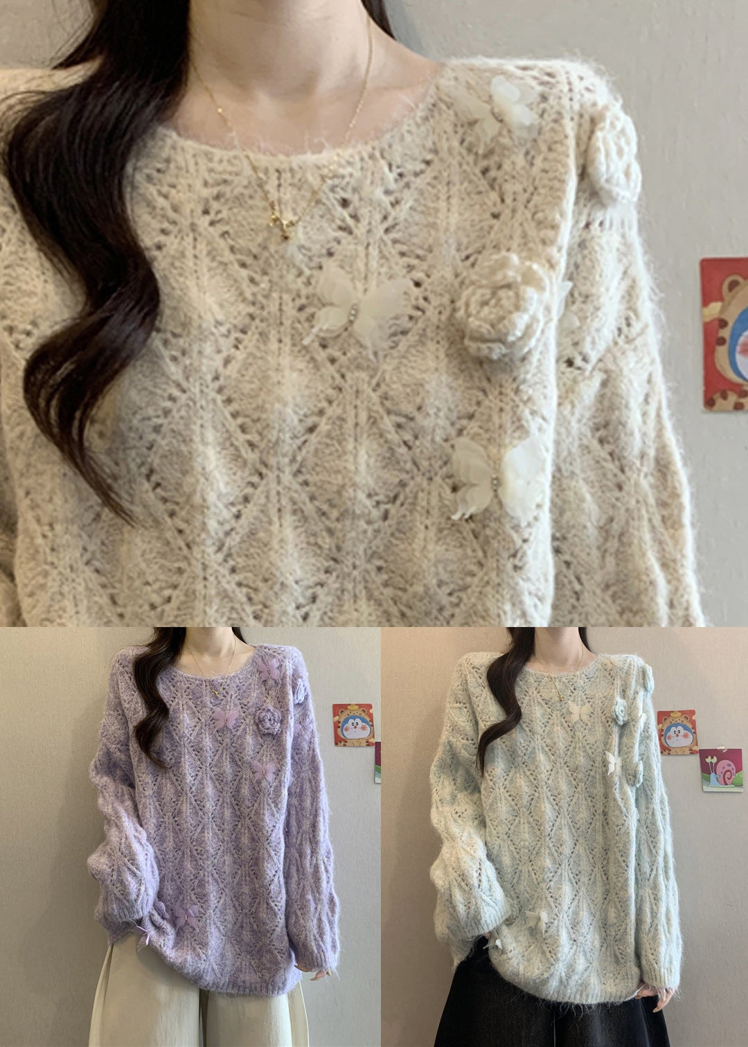 Floral Apricot Butterfly Hollow Out Cozy Knit Sweater