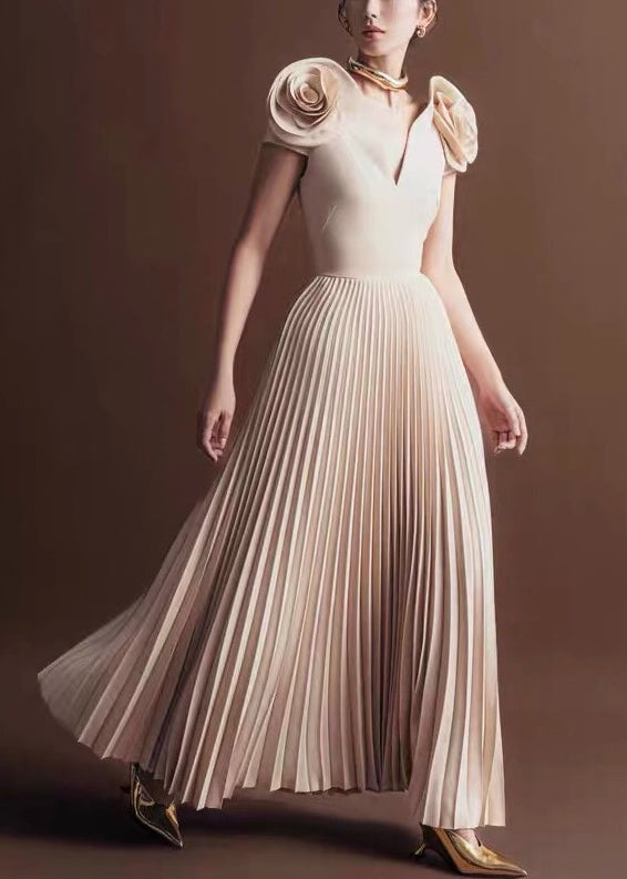 Floral Apricot V Neck Wrinkled Cotton Long Dress Summer