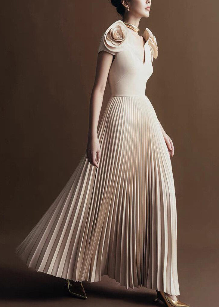 Floral Apricot V Neck Wrinkled Cotton Long Dress Summer