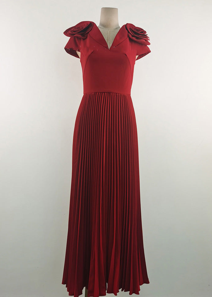 Floral Apricot V Neck Wrinkled Cotton Long Dress Summer