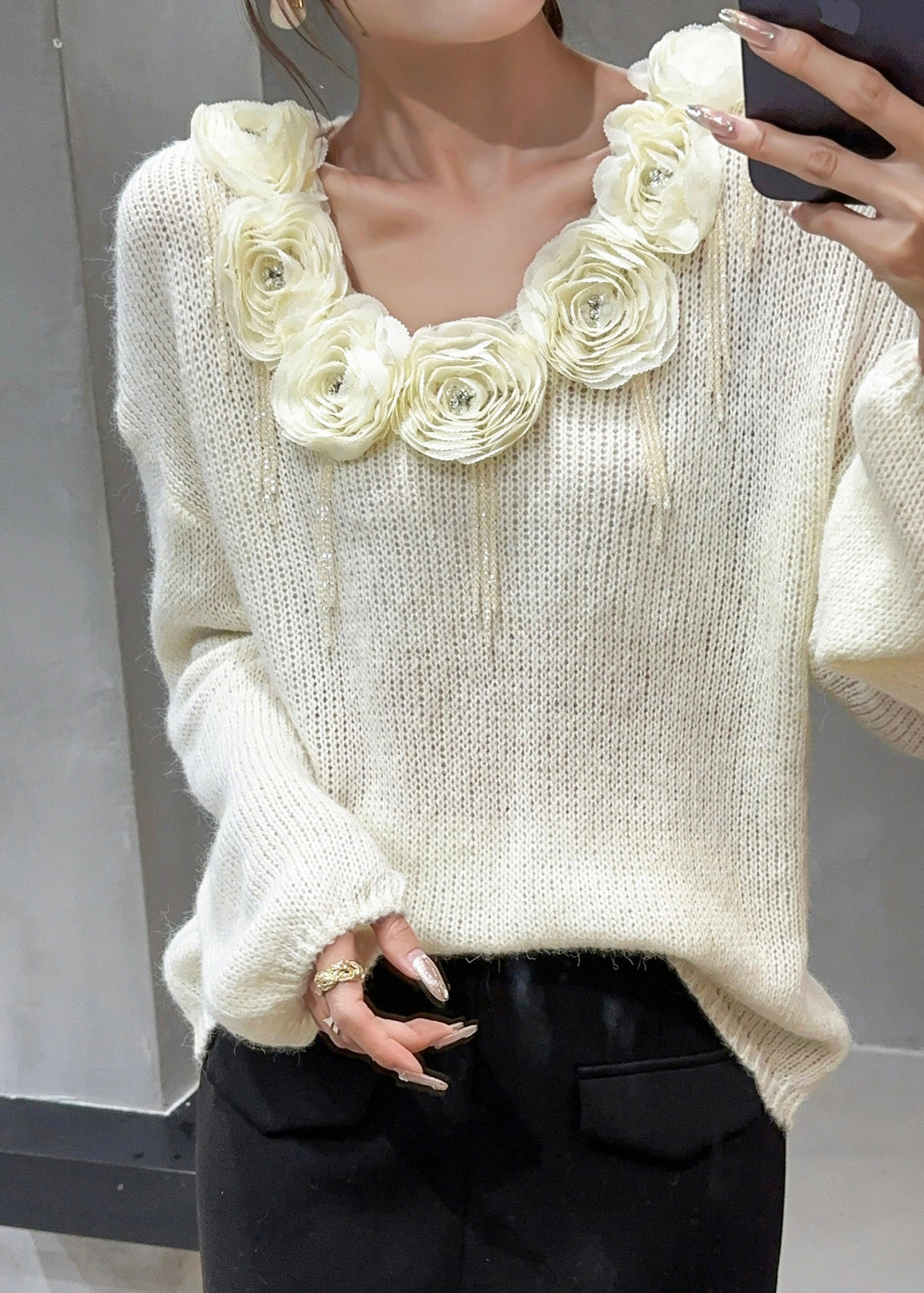 Floral Beige V Neck Nail Bead Cozy Knit Sweater