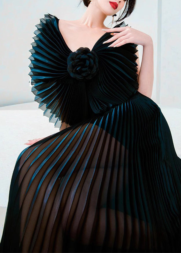 Floral Black V Neck Wrinkled Tulle Long Dress Sleeveless