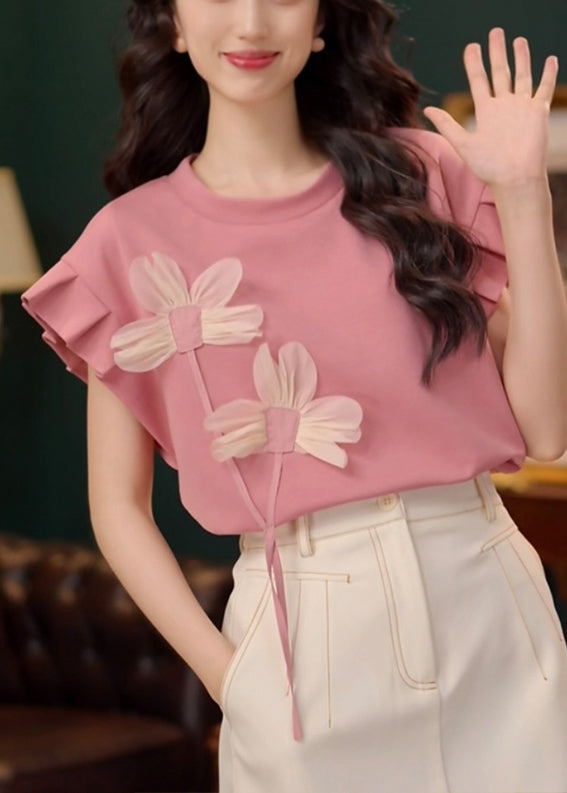 Floral Pink O Neck Patchwork Cotton T Shirt Summer