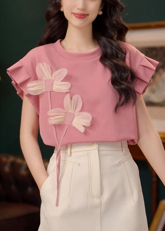 Floral Pink O Neck Patchwork Cotton T Shirt Summer