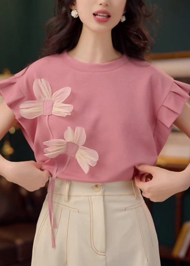 Floral Pink O Neck Patchwork Cotton T Shirt Summer