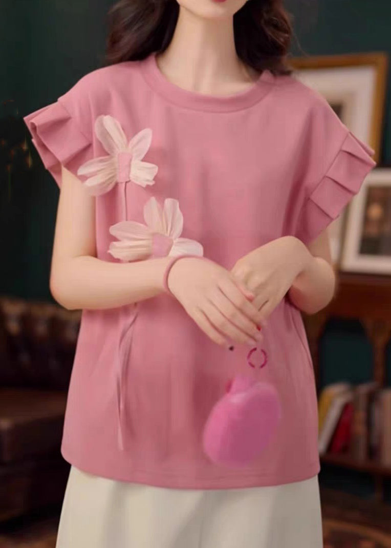 Floral Pink O Neck Patchwork Cotton T Shirt Summer