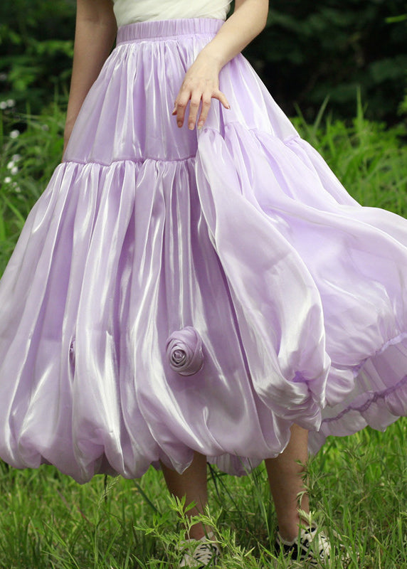 Floral Purple Solid Elastic Waist Silk Skirts Summer