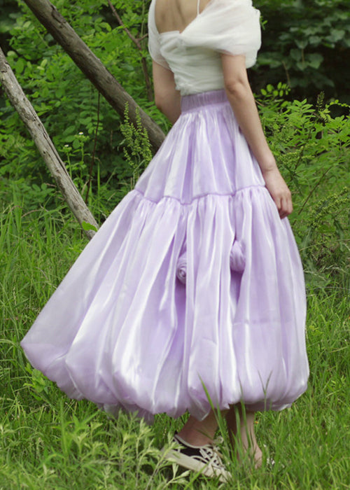 Floral Purple Solid Elastic Waist Silk Skirts Summer