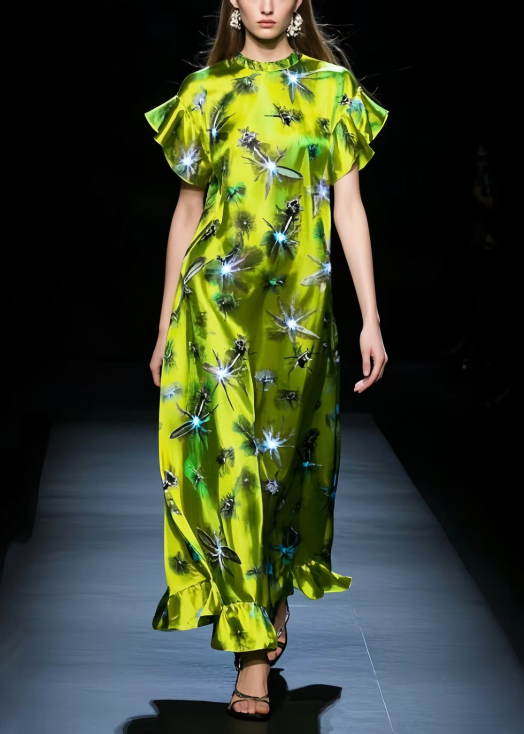 Fluorescent Green Twinkling Star Print Silk Holiday Dress Butterfly Sleeve