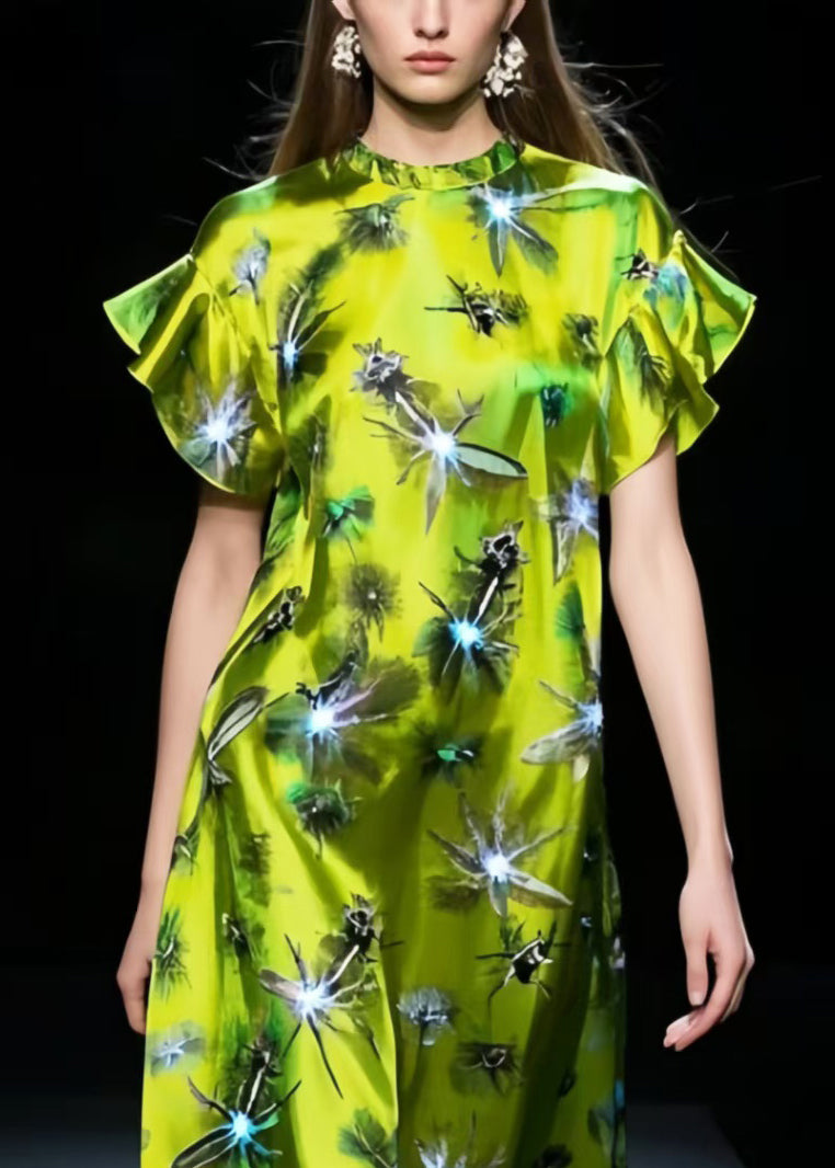 Fluorescent Green Twinkling Star Print Silk Holiday Dress Butterfly Sleeve
