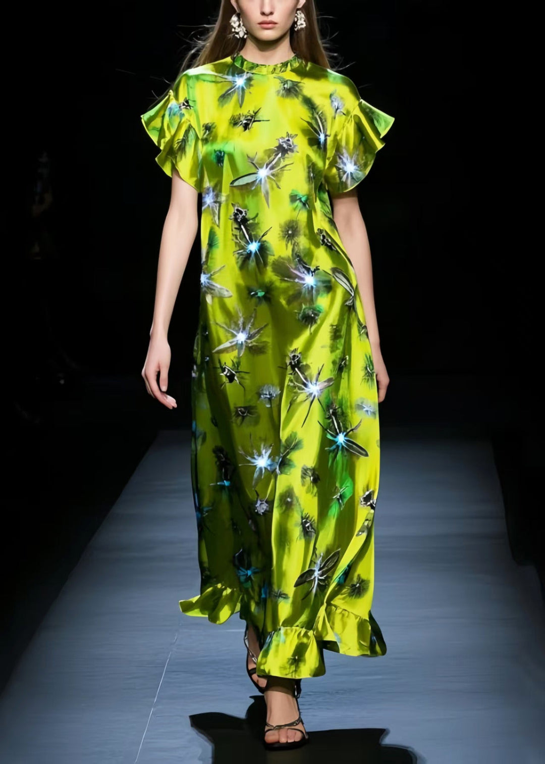 Fluorescent Green Twinkling Star Print Silk Holiday Dress Butterfly Sleeve