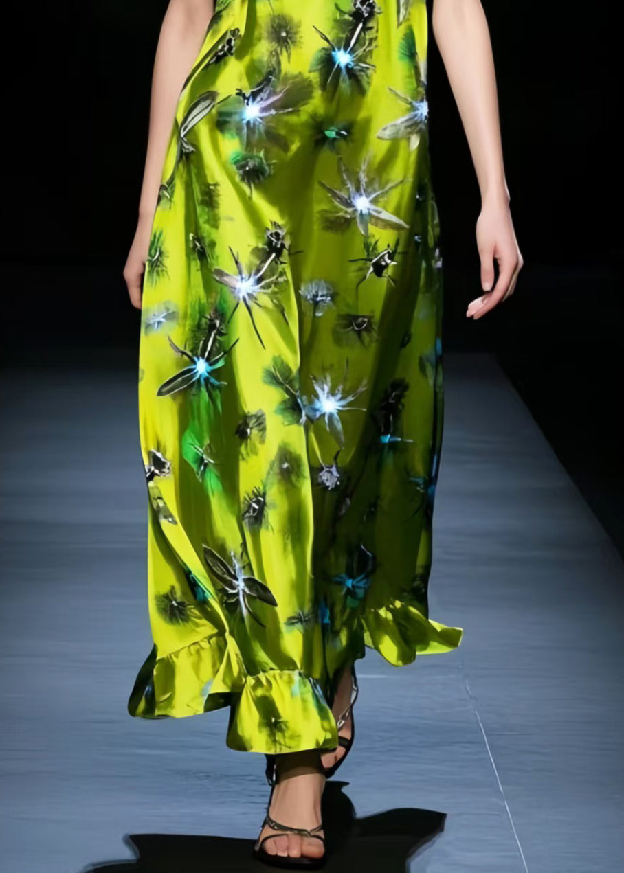 Fluorescent Green Twinkling Star Print Silk Holiday Dress Butterfly Sleeve