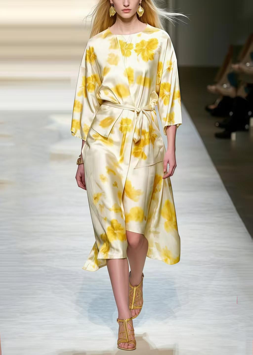 French Apricot Asymmetrical Print Silk Work Dresses Spring