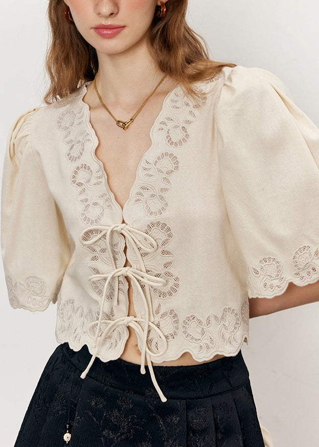 French Apricot Embroidered Lace Up Puff Sleeve Cotton Top