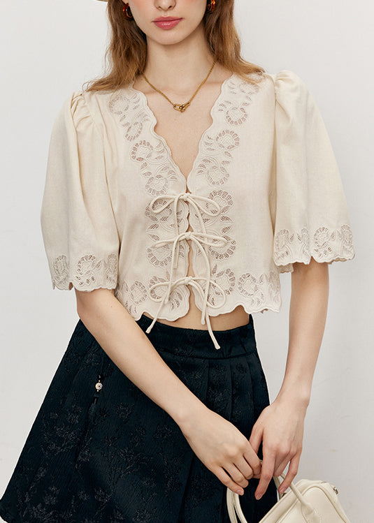 French Apricot Embroidered Lace Up Puff Sleeve Cotton Top