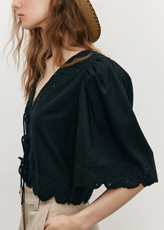 French Apricot Embroidered Lace Up Puff Sleeve Cotton Top