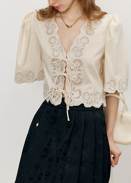 French Apricot Embroidered Lace Up Puff Sleeve Cotton Top