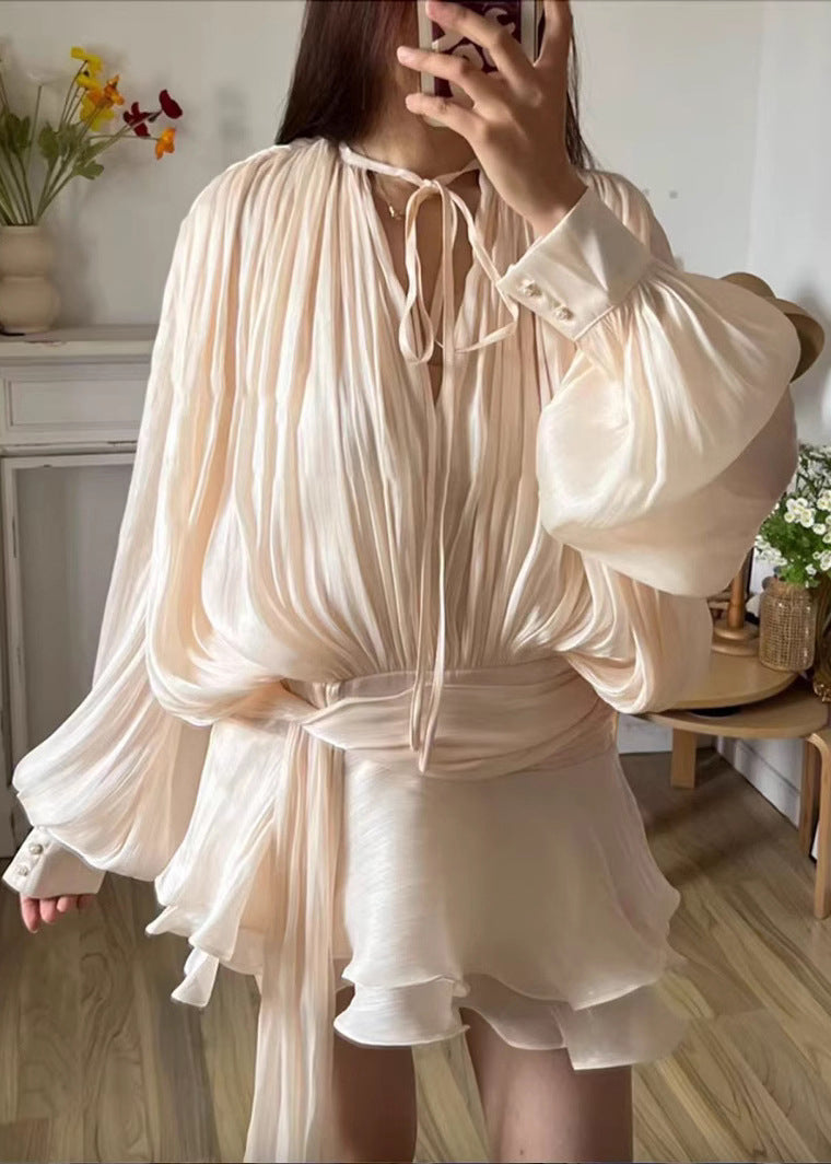 French Apricot Puff Sleeve Silk Two Piece Set Ruffled Lace Up