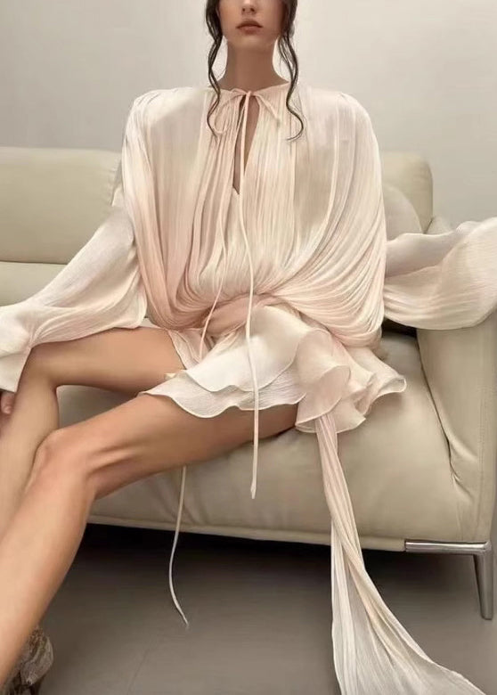 French Apricot Puff Sleeve Silk Two Piece Set Ruffled Lace Up