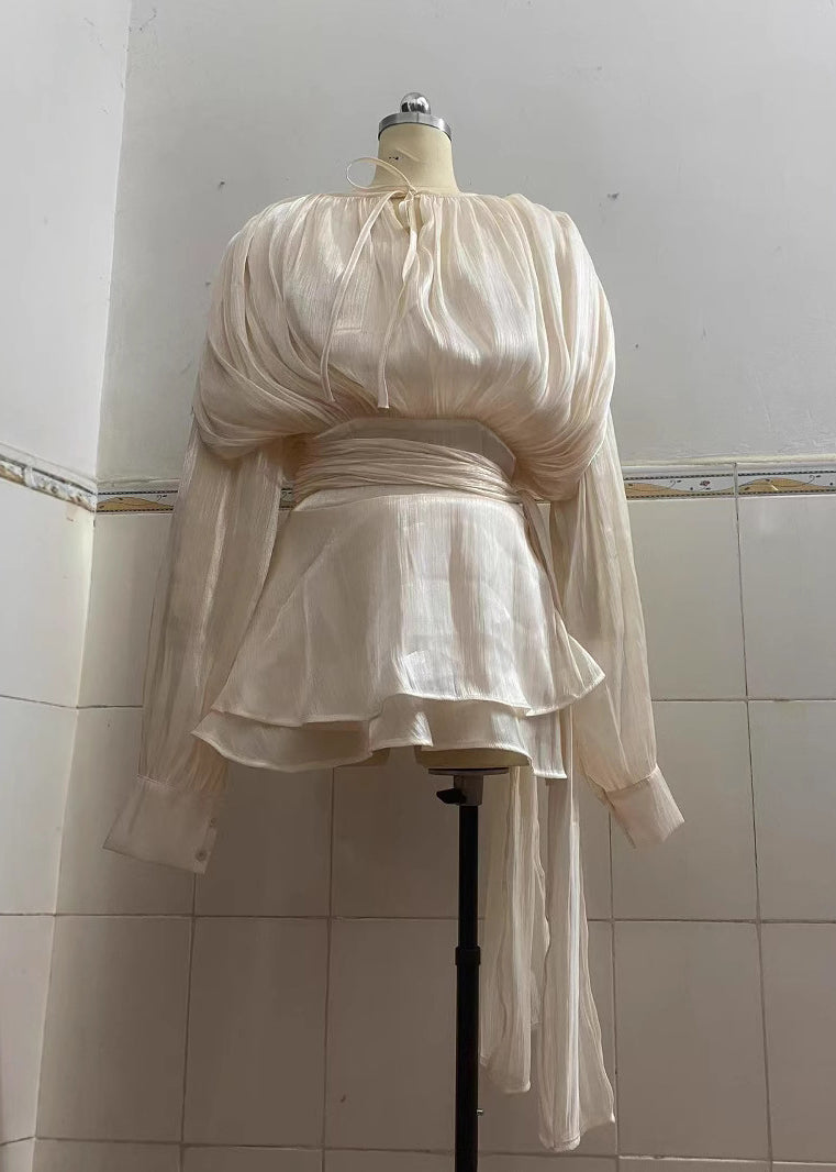 French Apricot Puff Sleeve Silk Two Piece Set Ruffled Lace Up