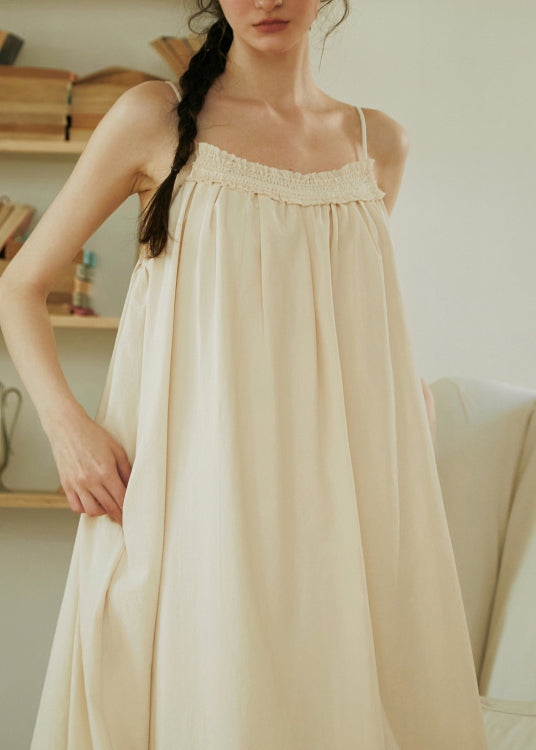 French Apricot Ruffled Cotton Spaghetti Strap Dress Summer
