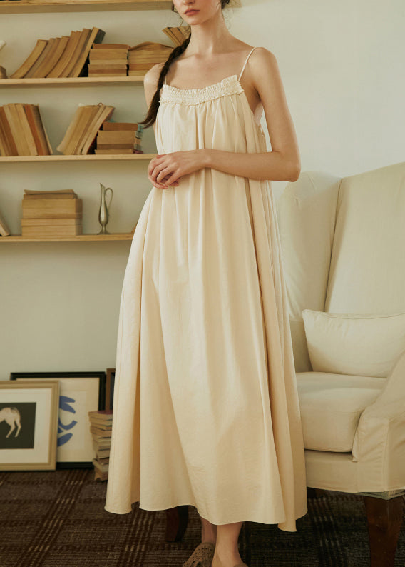 French Apricot Ruffled Cotton Spaghetti Strap Dress Summer