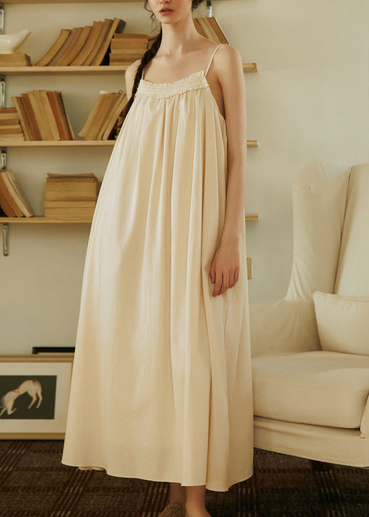 French Apricot Ruffled Cotton Spaghetti Strap Dress Summer