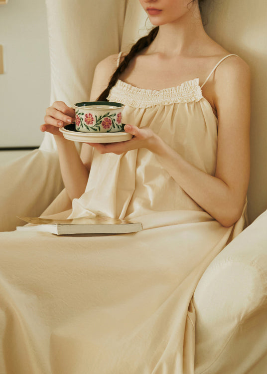 French Apricot Ruffled Cotton Spaghetti Strap Dress Summer