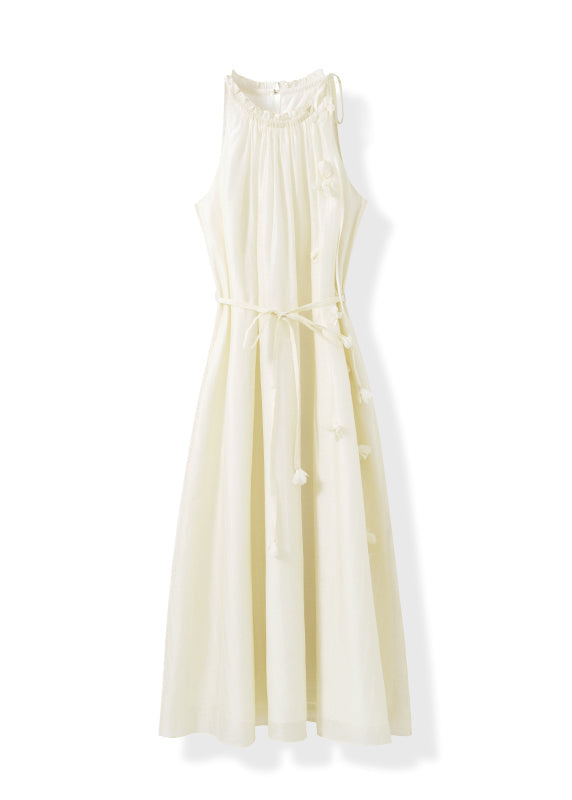 French Apricot Ruffled Floral Lace Up Cotton Dresses Sleeveless