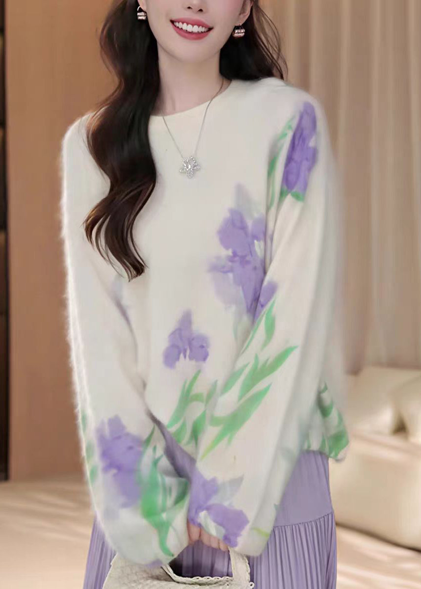 French Beige O Neck Floral Knit Sweater Tops Fall