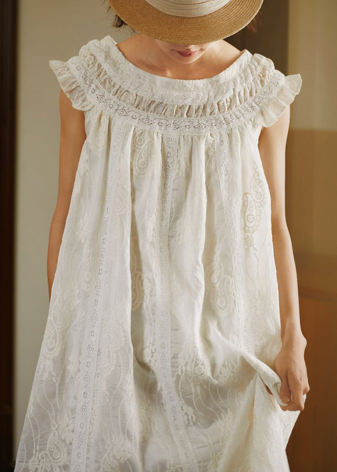 French Beige Ruffled Embroidered Lace Dress Summer