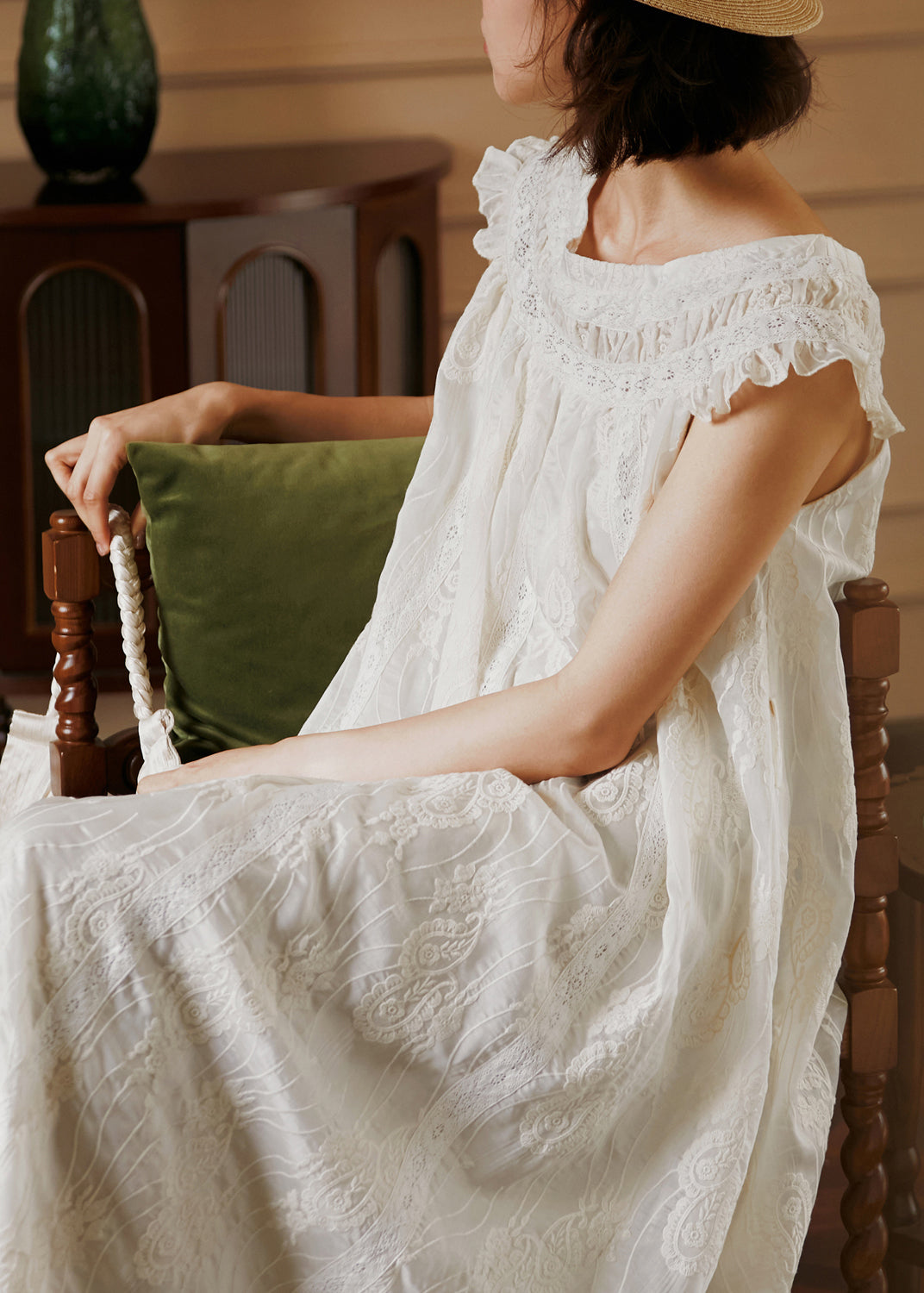 French Beige Ruffled Embroidered Lace Dress Summer