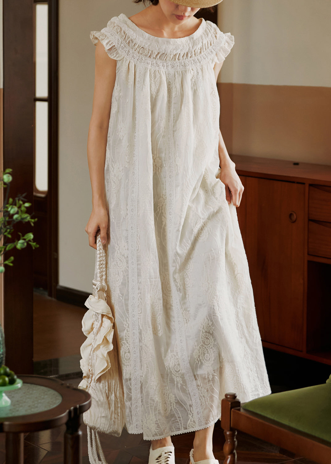 French Beige Ruffled Embroidered Lace Dress Summer