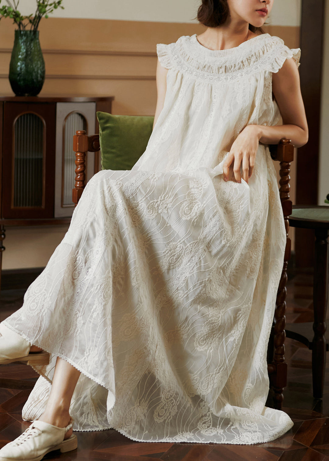 French Beige Ruffled Embroidered Lace Dress Summer