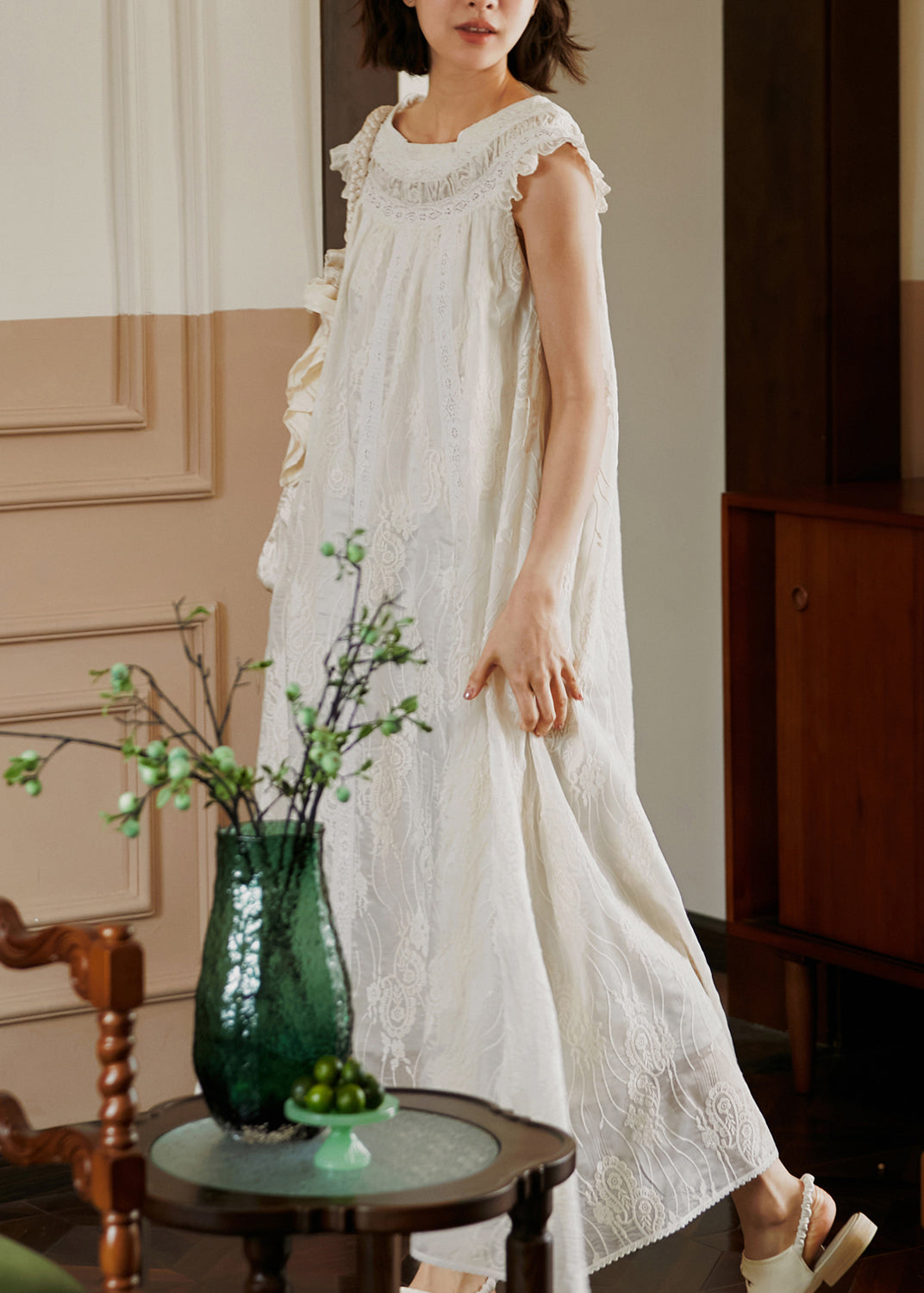 French Beige Ruffled Embroidered Lace Dress Summer