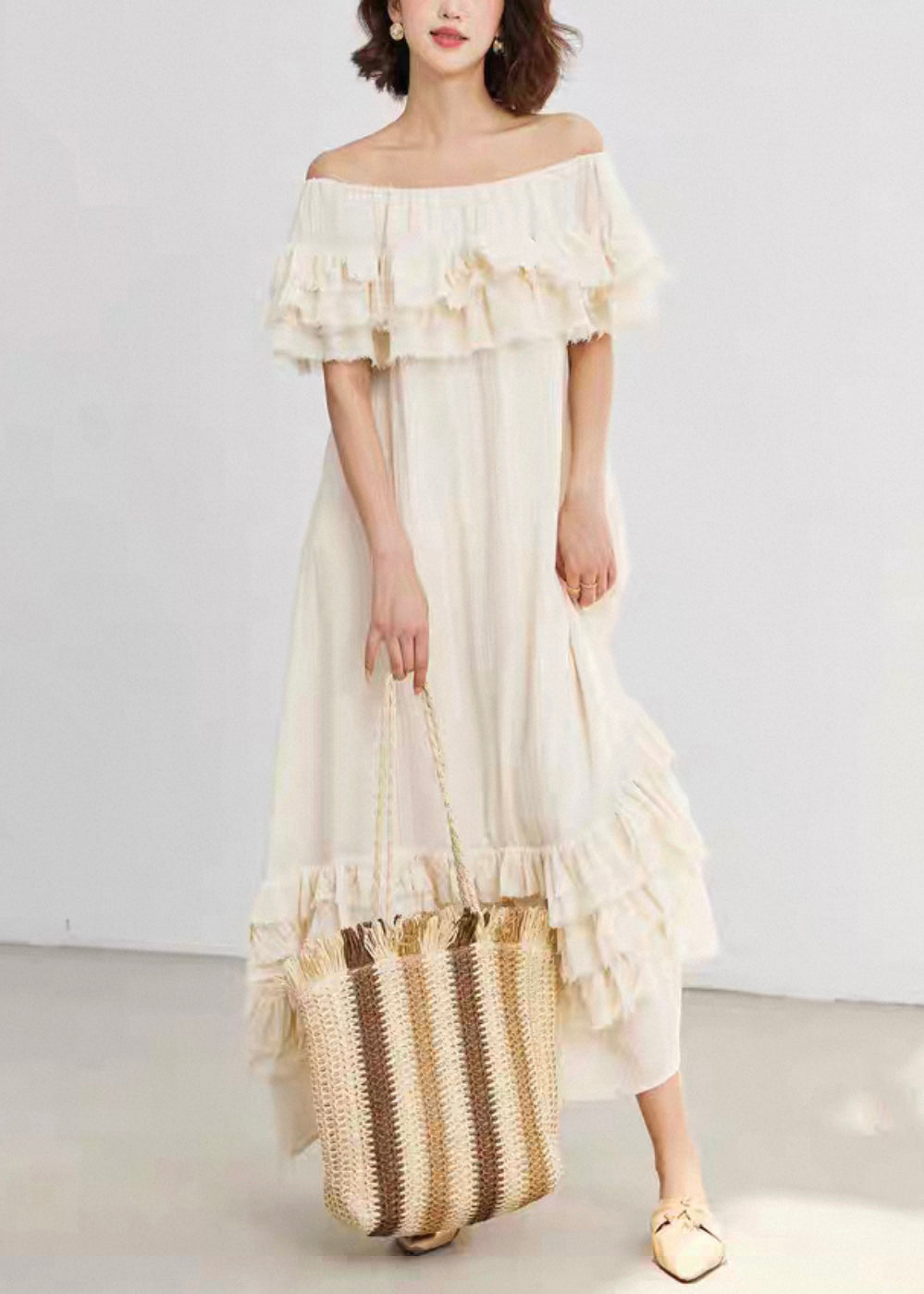 French Beige Slash Neck Ruffled Cotton Long Dresses Summer