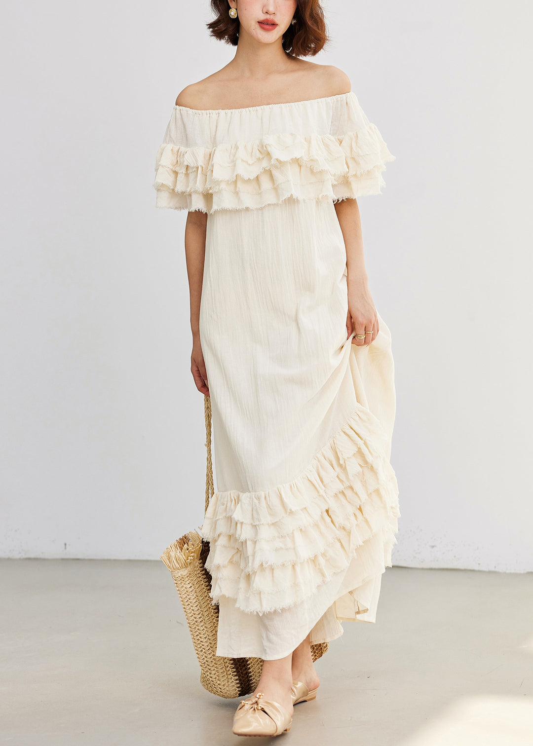 French Beige Slash Neck Ruffled Cotton Long Dresses Summer