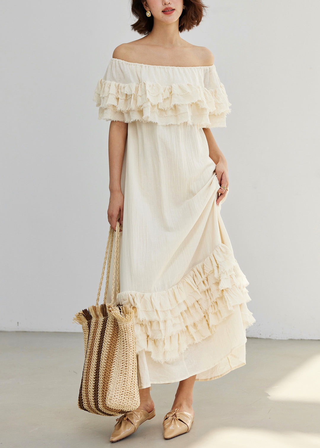 French Beige Slash Neck Ruffled Cotton Long Dresses Summer