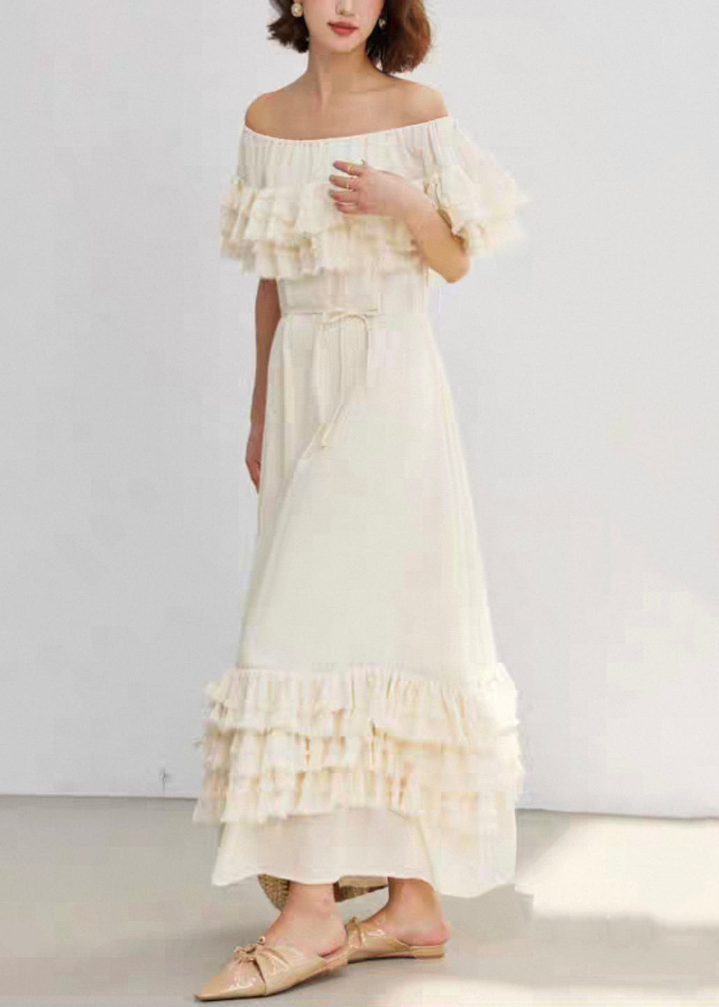 French Beige Slash Neck Ruffled Cotton Long Dresses Summer