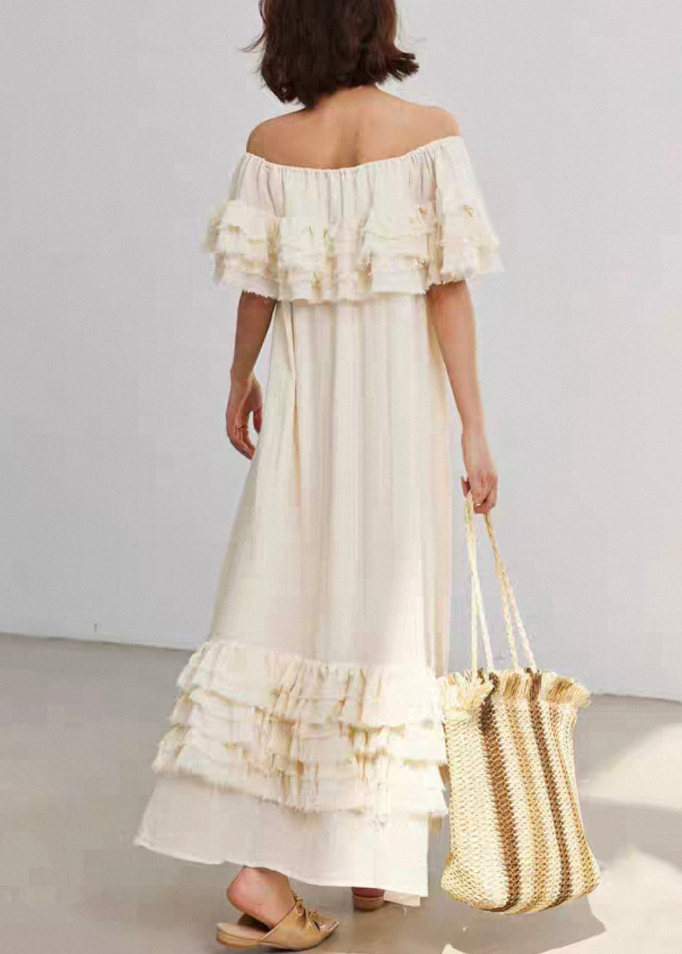 French Beige Slash Neck Ruffled Cotton Long Dresses Summer