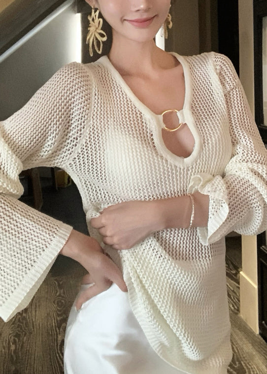 French Beige V Neck Hollow Out Knit Shirts Flare Sleeve