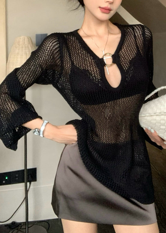 French Beige V Neck Hollow Out Knit Shirts Flare Sleeve