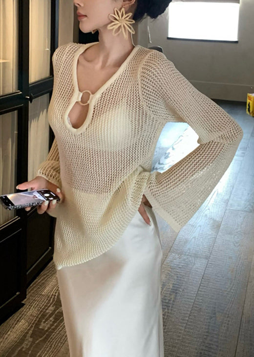 French Beige V Neck Hollow Out Knit Shirts Flare Sleeve