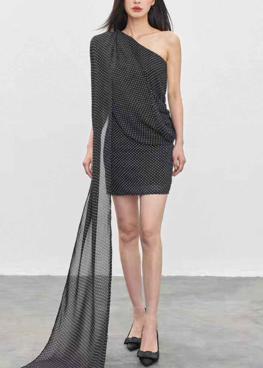 French Black Asymmetrical Dot Tops And Skirts Chiffon Two Pieces Set Summer