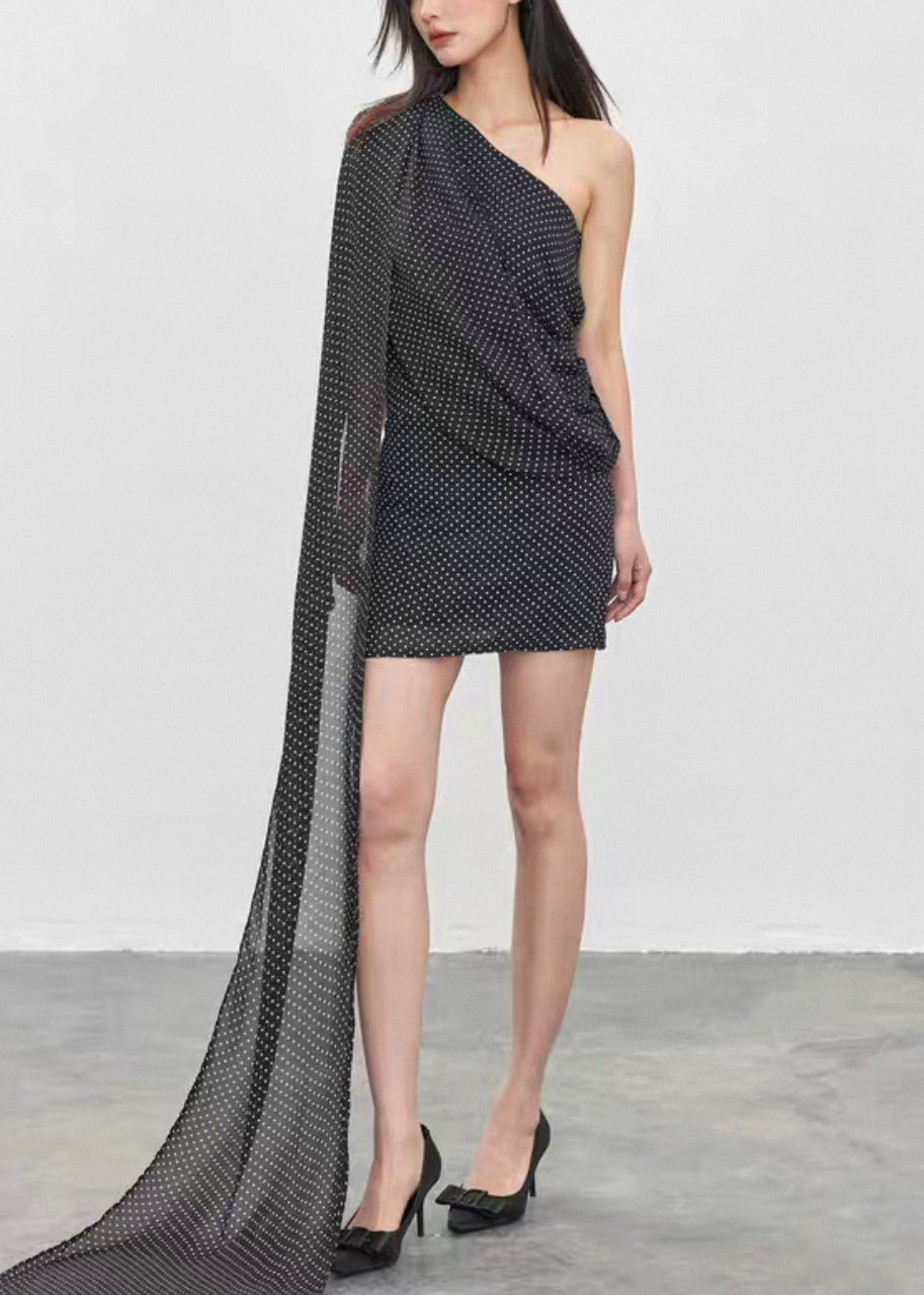 French Black Asymmetrical Dot Tops And Skirts Chiffon Two Pieces Set Summer