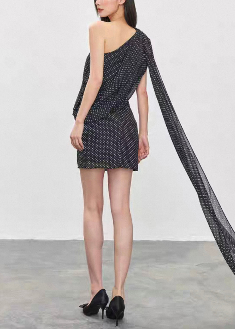 French Black Asymmetrical Dot Tops And Skirts Chiffon Two Pieces Set Summer