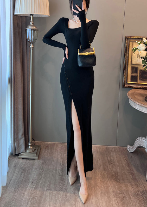 French Black Asymmetrical Spandex Long Dresses