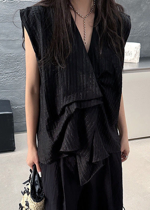 French Black Asymmetrical Striped Cotton Tanks Sleeveless