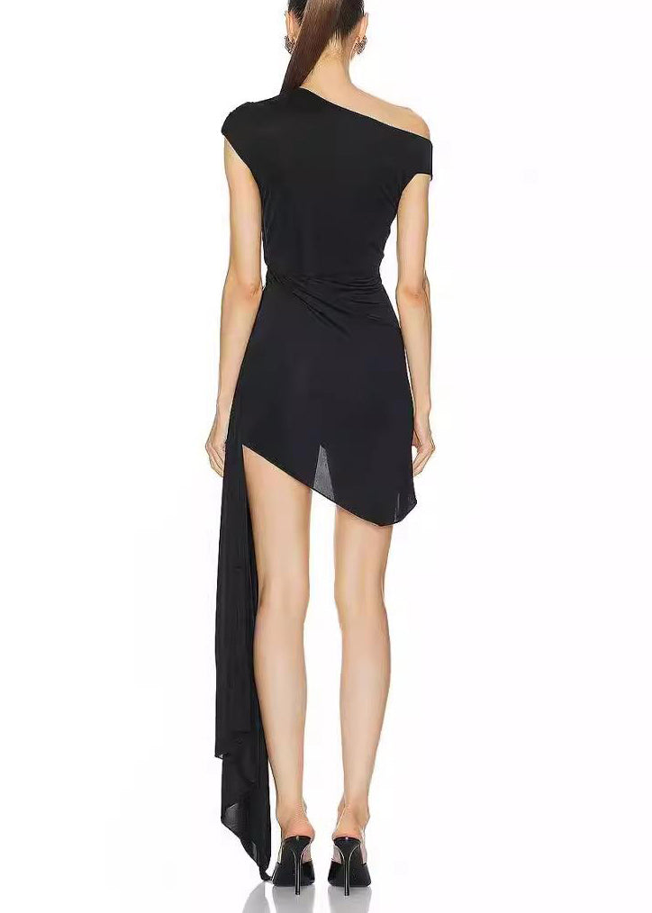 French Black Asymmetrical Zircon Solid Mid Dress Summer