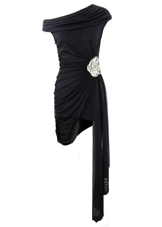 French Black Asymmetrical Zircon Solid Mid Dress Summer